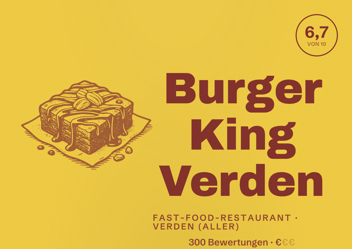 Illustriertes Poster von Burger King Verden, Fast-Food-Restaurant in Verden (Aller): Bewertung 6,7 von 10 aus 300 Bewertungen, Preisniveau €
