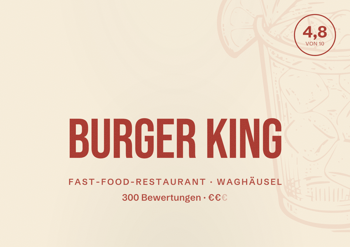 Illustriertes Poster von Burger King, Fast-Food-Restaurant in Waghäusel: Bewertung 4,8 von 10 aus 300 Bewertungen, Preisniveau €€