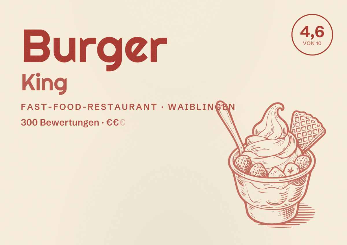 Illustriertes Poster von Burger King, Fast-Food-Restaurant in Waiblingen: Bewertung 4,6 von 10 aus 300 Bewertungen, Preisniveau €€