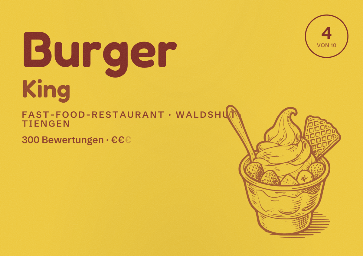 Illustriertes Poster von Burger King, Fast-Food-Restaurant in Waldshut-Tiengen: Bewertung 4 von 10 aus 300 Bewertungen, Preisniveau €€
