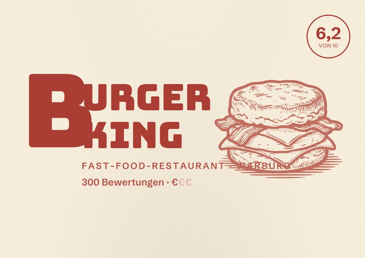Illustriertes Poster von Burger King, Fast-Food-Restaurant in Warburg: Bewertung 6,2 von 10 aus 300 Bewertungen, Preisniveau €