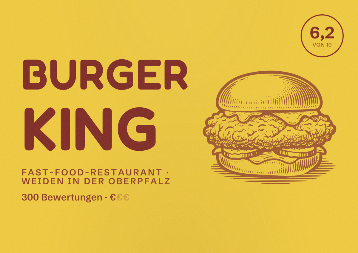 Illustriertes Poster von Burger King, Fast-Food-Restaurant in Weiden in der Oberpfalz: Bewertung 6,2 von 10 aus 300 Bewertungen, Preisniveau €