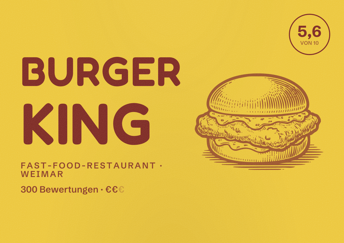 Illustriertes Poster von Burger King, Fast-Food-Restaurant in Weimar: Bewertung 5,6 von 10 aus 300 Bewertungen, Preisniveau €€