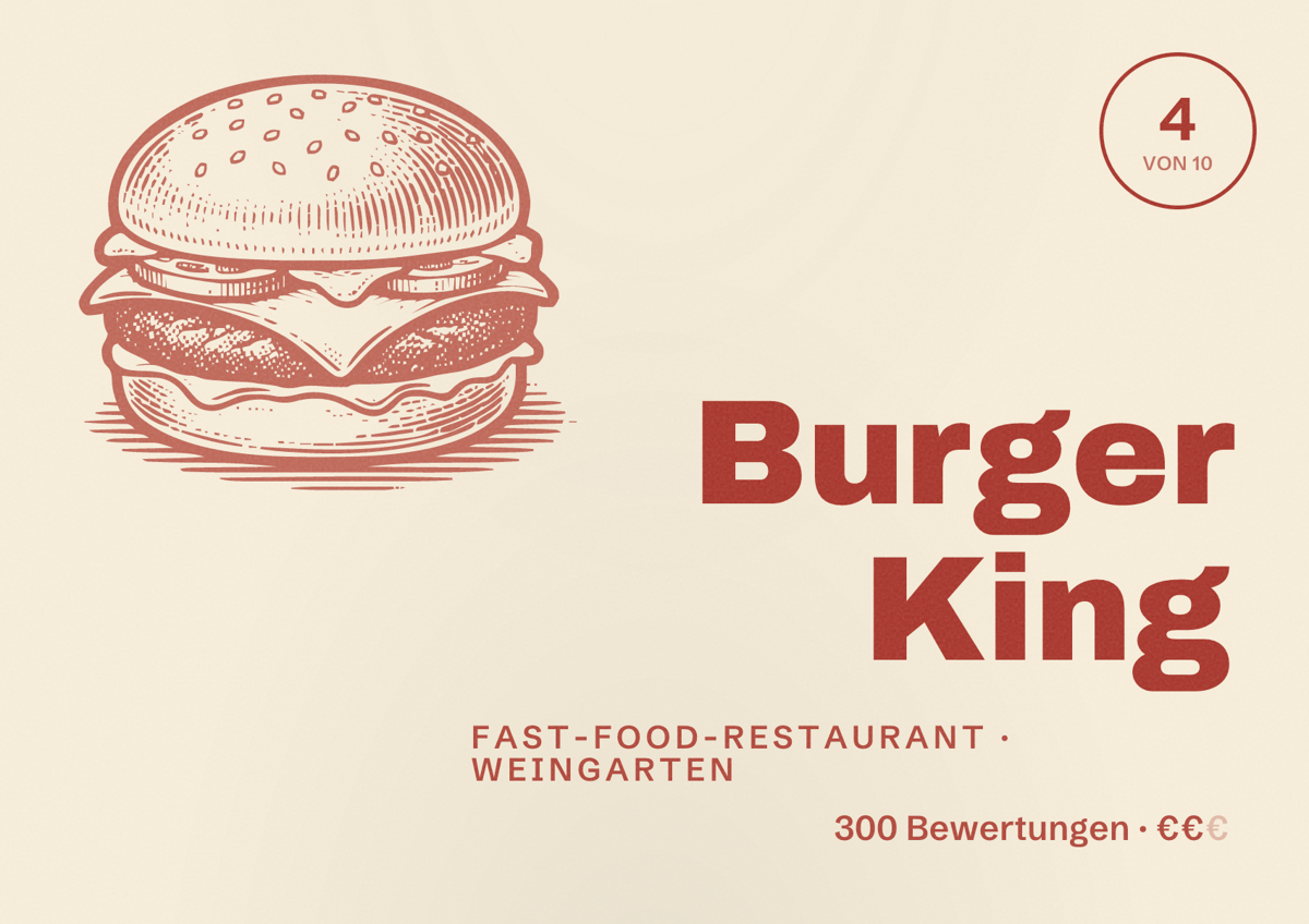 Illustriertes Poster von Burger King, Fast-Food-Restaurant in Weingarten: Bewertung 4 von 10 aus 300 Bewertungen, Preisniveau €€