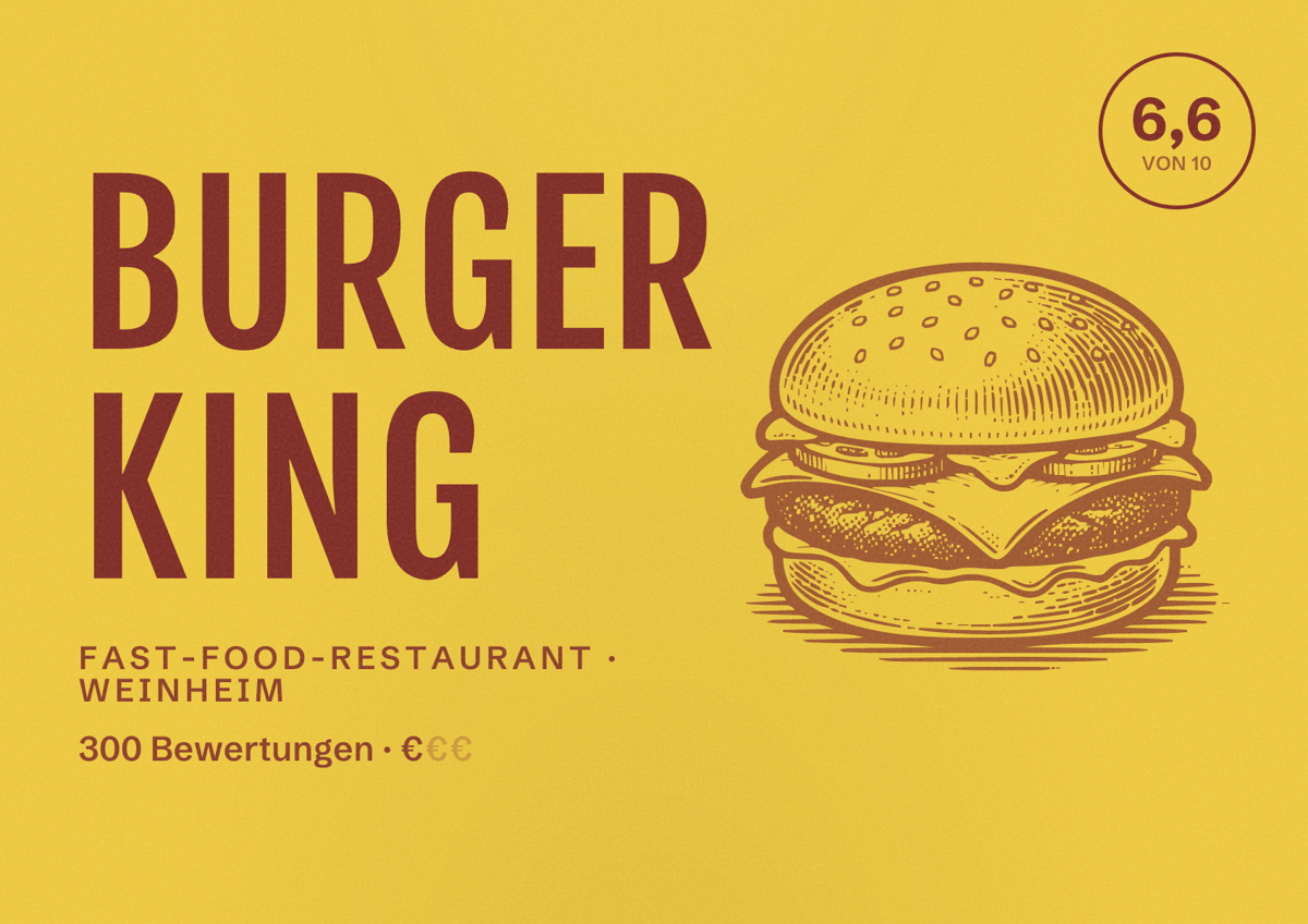 Illustriertes Poster von Burger King, Fast-Food-Restaurant in Weinheim: Bewertung 6,6 von 10 aus 300 Bewertungen, Preisniveau €