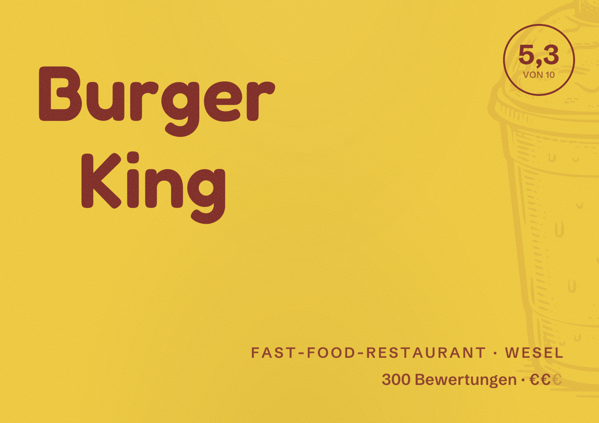Illustriertes Poster von Burger King, Fast-Food-Restaurant in Wesel: Bewertung 5,3 von 10 aus 300 Bewertungen, Preisniveau €€