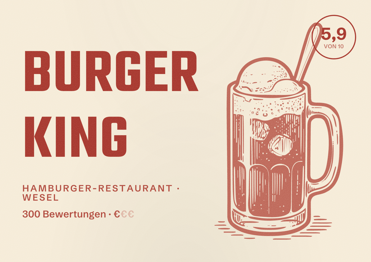 Illustriertes Poster von Burger King, Hamburger-Restaurant in Wesel: Bewertung 5,9 von 10 aus 300 Bewertungen, Preisniveau €