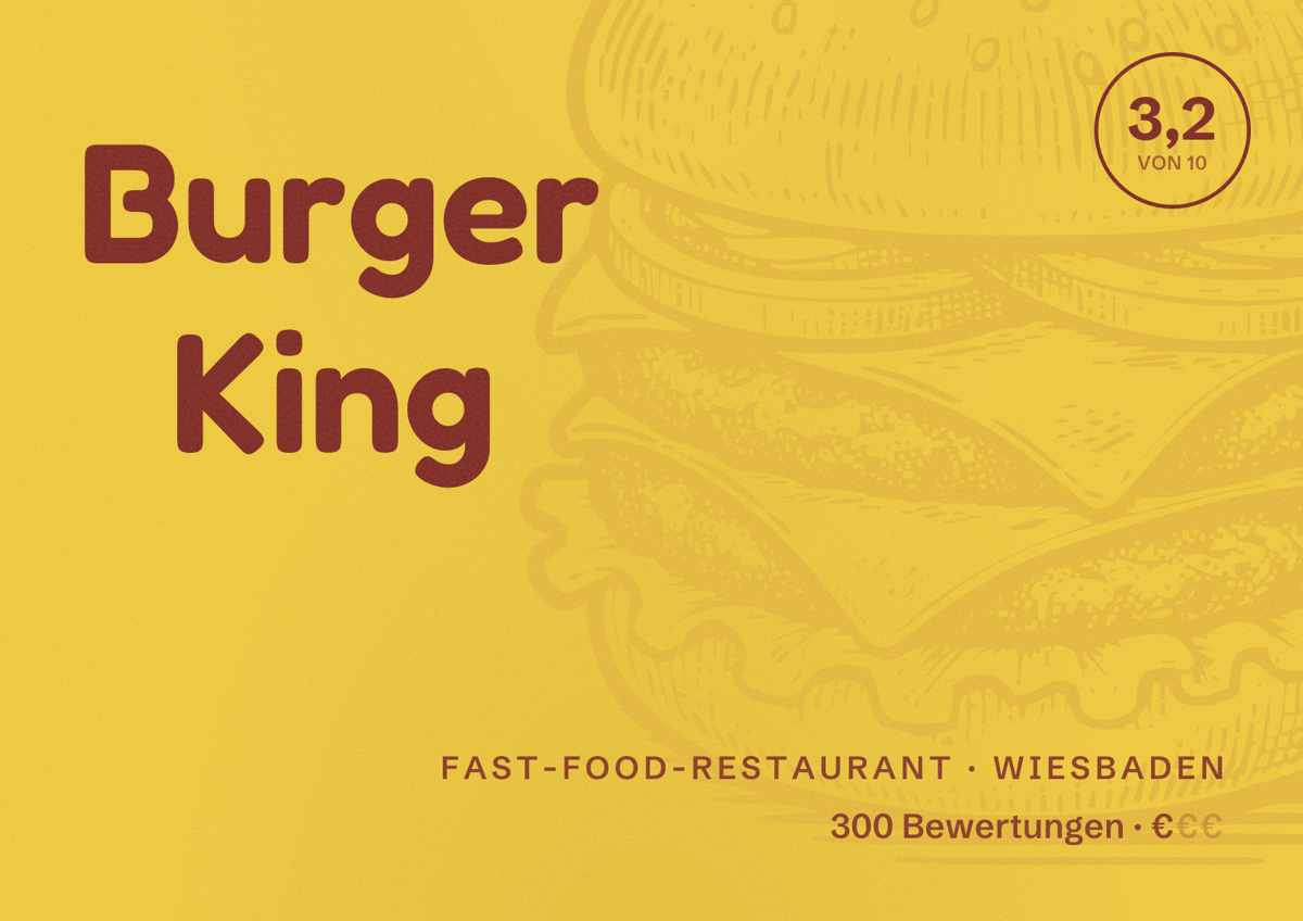 Illustriertes Poster von Burger King, Fast-Food-Restaurant in Wiesbaden: Bewertung 3,2 von 10 aus 300 Bewertungen, Preisniveau €