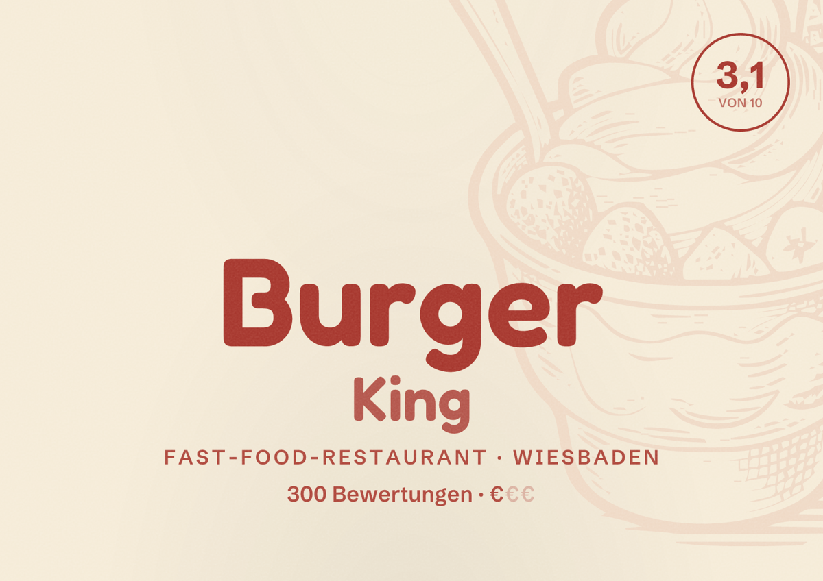 Illustriertes Poster von Burger King, Fast-Food-Restaurant in Wiesbaden: Bewertung 3,1 von 10 aus 300 Bewertungen, Preisniveau €