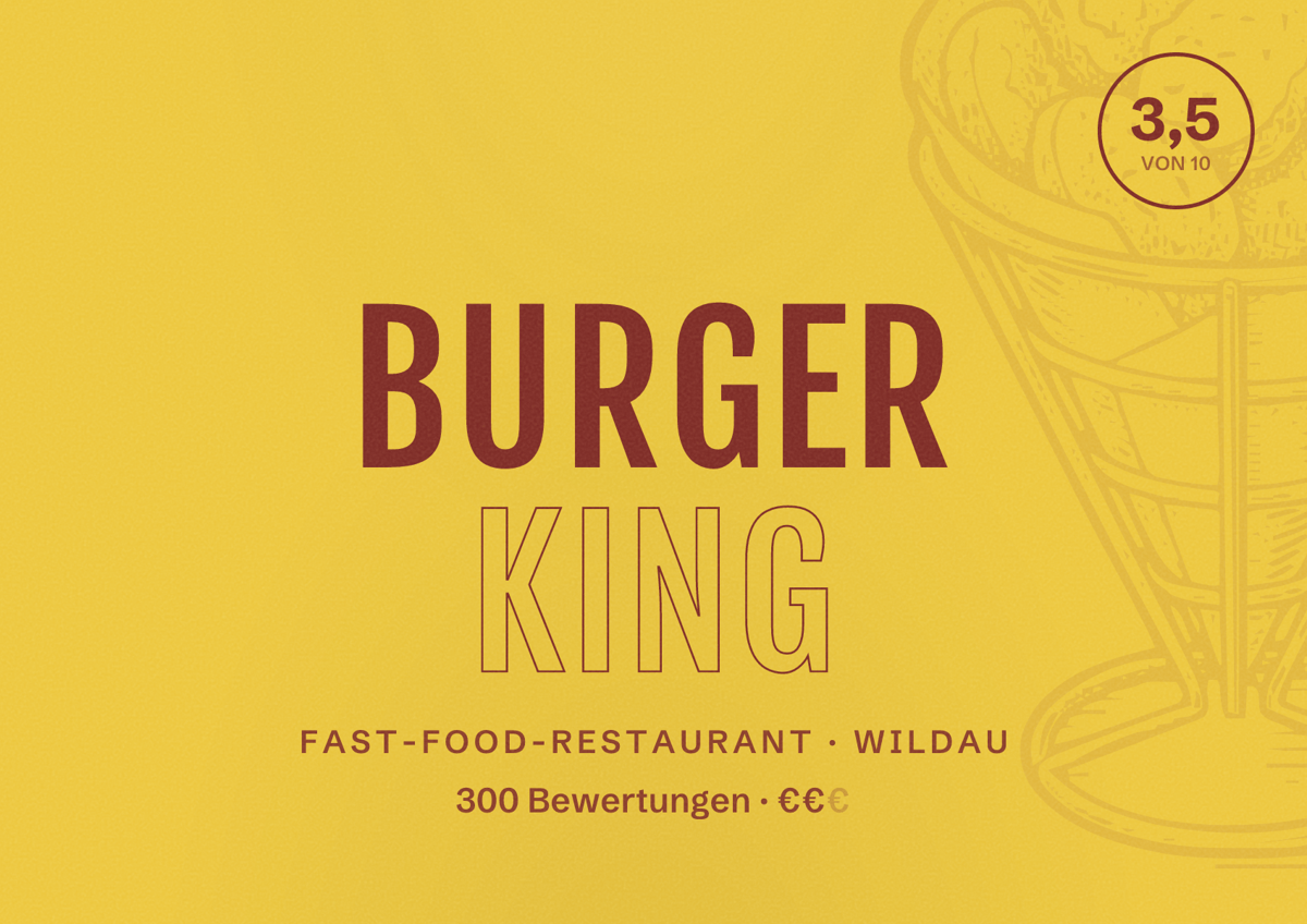 Illustriertes Poster von Burger King, Fast-Food-Restaurant in Wildau: Bewertung 3,5 von 10 aus 300 Bewertungen, Preisniveau €€