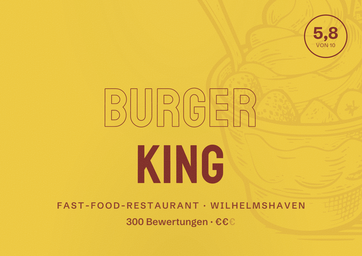 Illustriertes Poster von Burger King, Fast-Food-Restaurant in Wilhelmshaven: Bewertung 5,8 von 10 aus 300 Bewertungen, Preisniveau €€