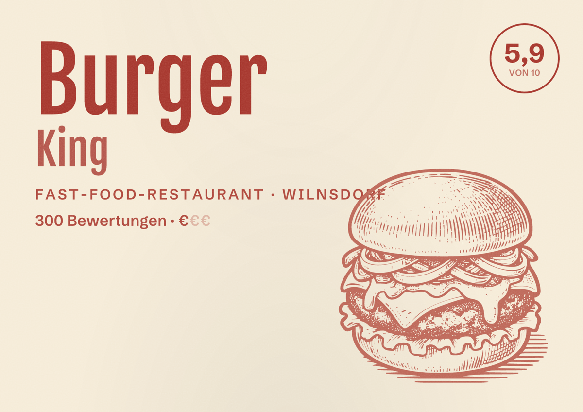Illustriertes Poster von Burger King, Fast-Food-Restaurant in Wilnsdorf: Bewertung 5,9 von 10 aus 300 Bewertungen, Preisniveau €