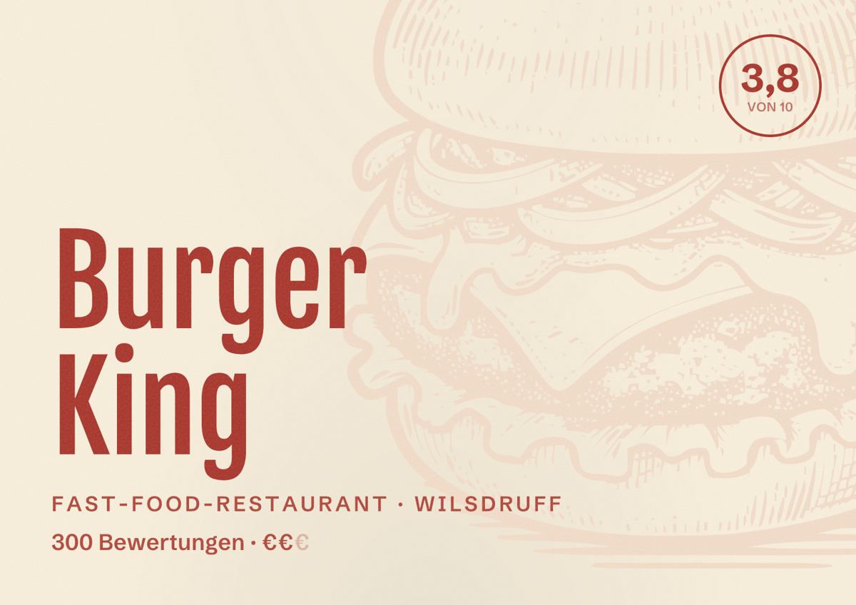 Illustriertes Poster von Burger King, Fast-Food-Restaurant in Wilsdruff: Bewertung 3,8 von 10 aus 300 Bewertungen, Preisniveau €€