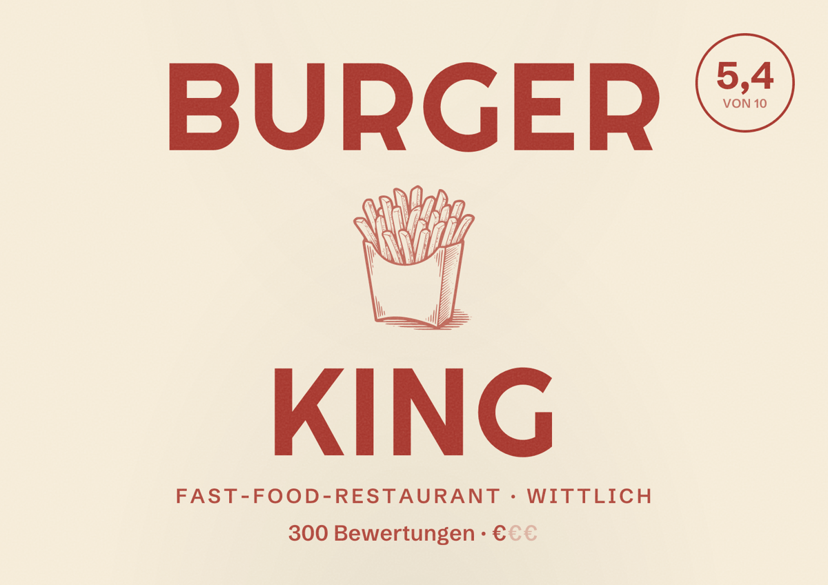 Illustriertes Poster von Burger King, Fast-Food-Restaurant in Wittlich: Bewertung 5,4 von 10 aus 300 Bewertungen, Preisniveau €