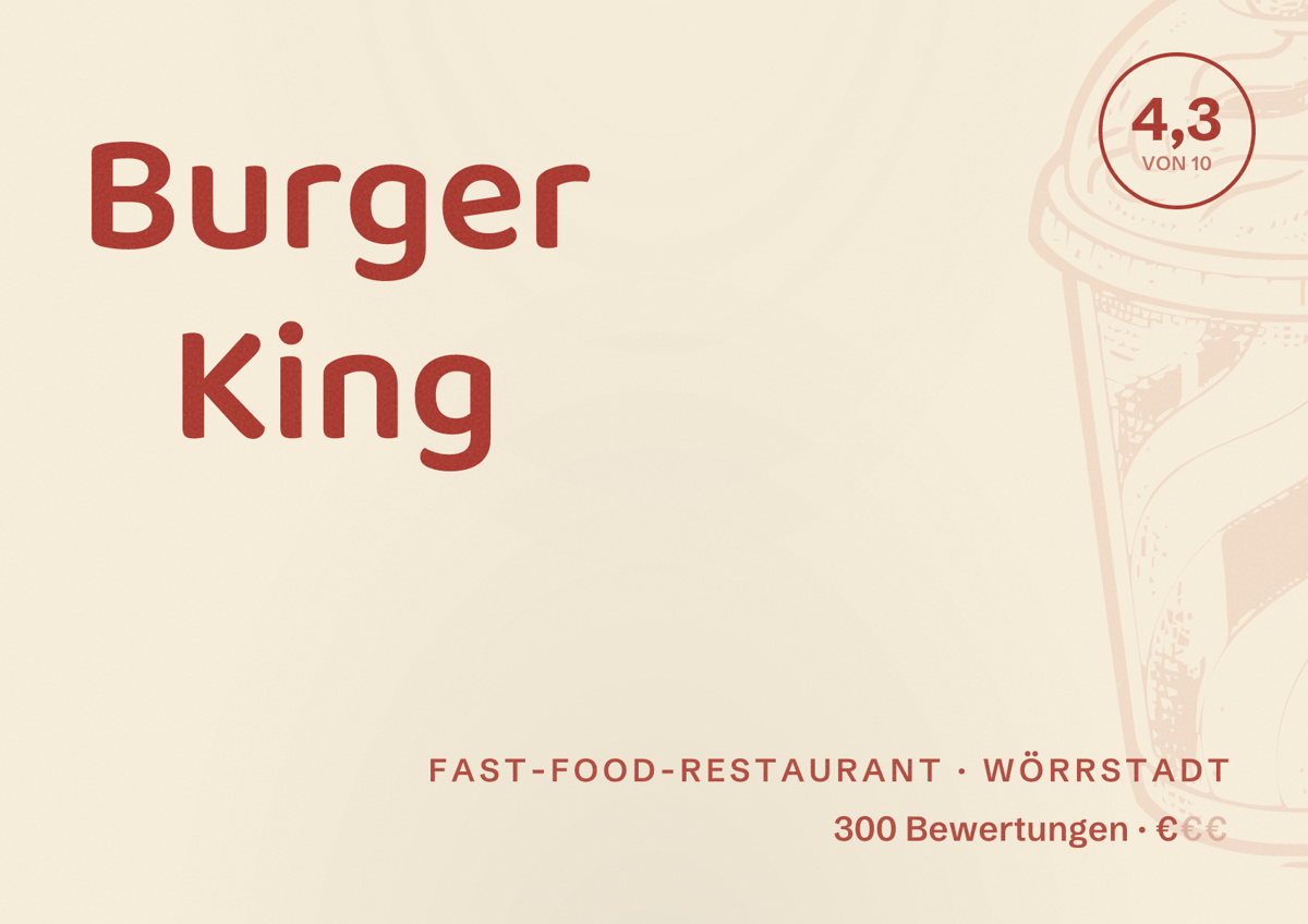 Illustriertes Poster von Burger King, Fast-Food-Restaurant in Wörrstadt: Bewertung 4,3 von 10 aus 300 Bewertungen, Preisniveau €