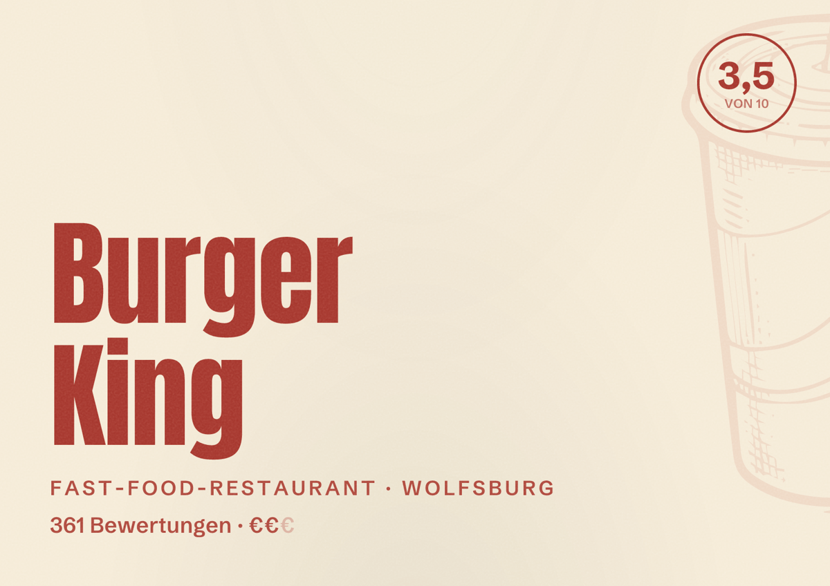 Illustriertes Poster von Burger King, Fast-Food-Restaurant in Wolfsburg: Bewertung 3,5 von 10 aus 361 Bewertungen, Preisniveau €€