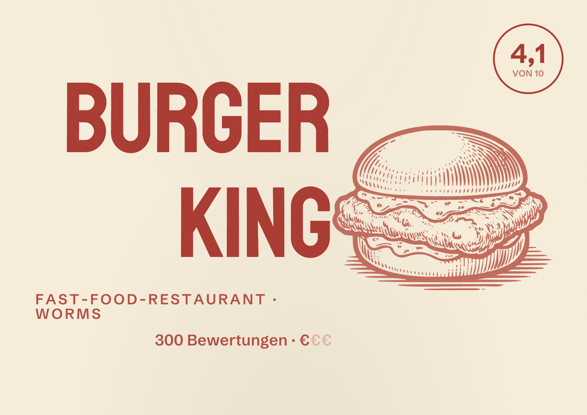 Illustriertes Poster von Burger King, Fast-Food-Restaurant in Worms: Bewertung 4,1 von 10 aus 300 Bewertungen, Preisniveau €