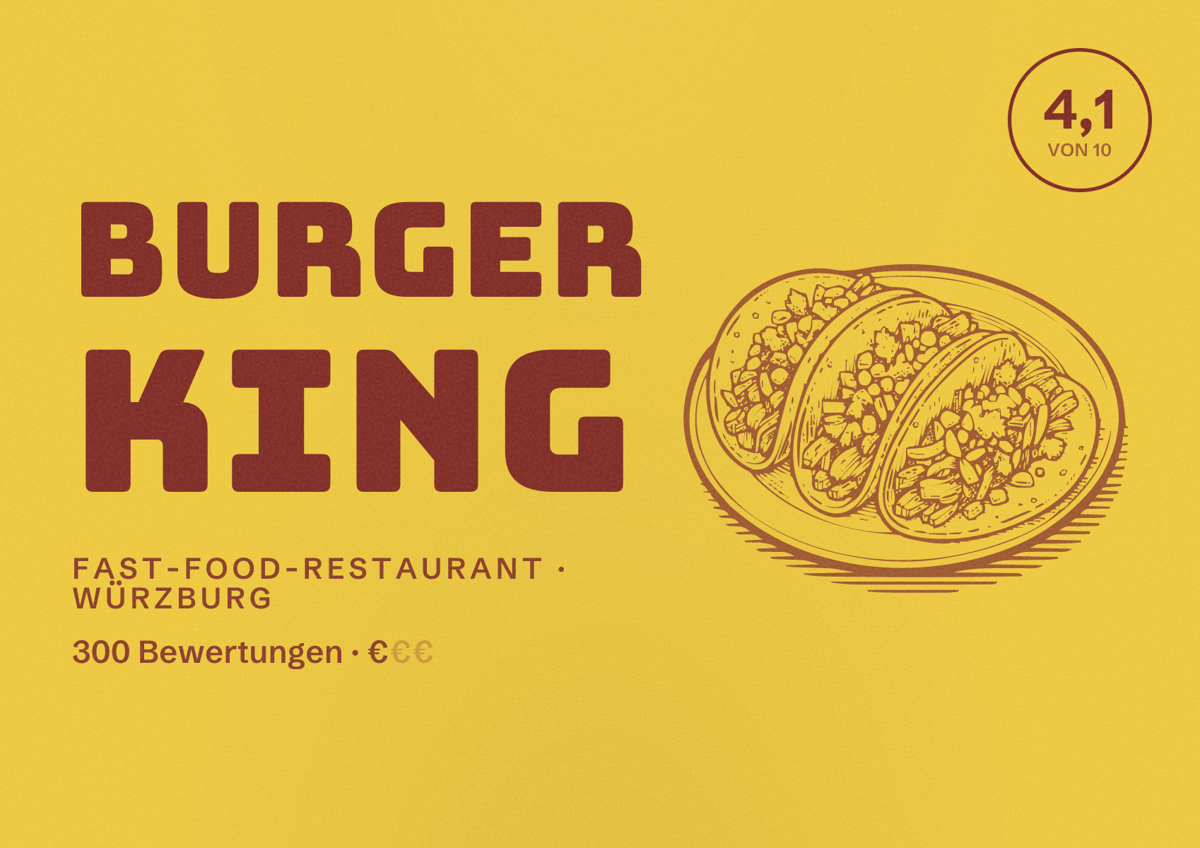 Illustriertes Poster von Burger King, Fast-Food-Restaurant in Würzburg: Bewertung 4,1 von 10 aus 300 Bewertungen, Preisniveau €