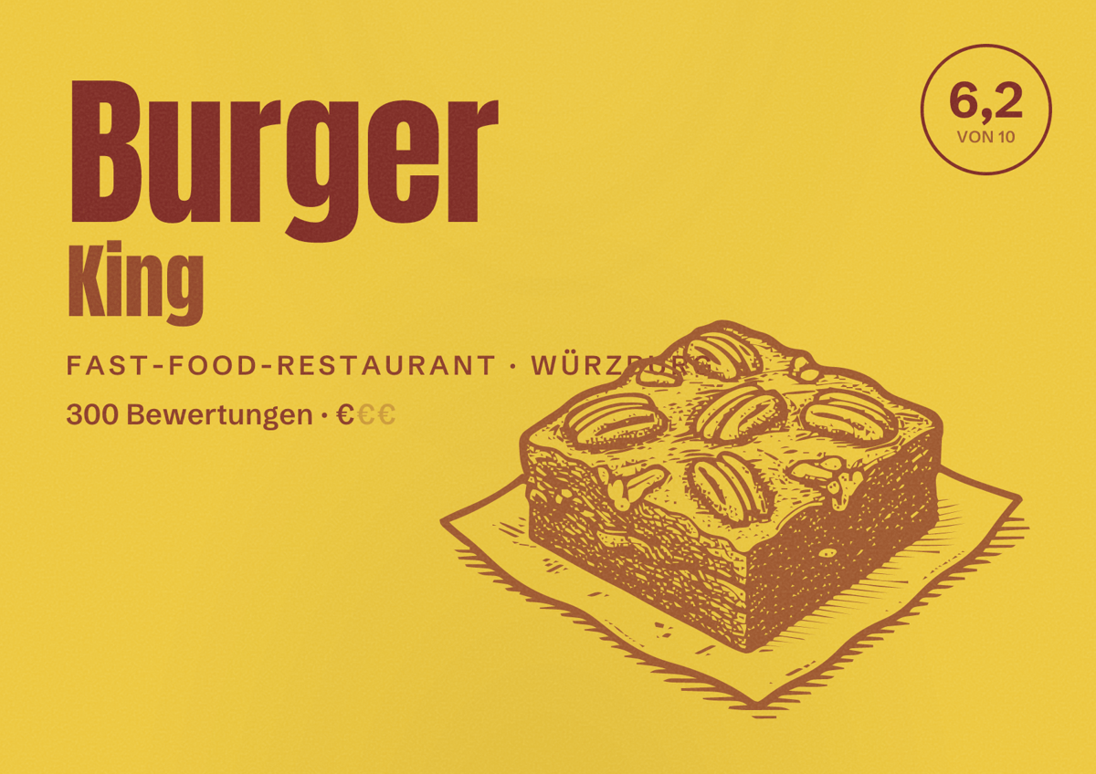 Illustriertes Poster von Burger King, Fast-Food-Restaurant in Würzburg: Bewertung 6,2 von 10 aus 300 Bewertungen, Preisniveau €