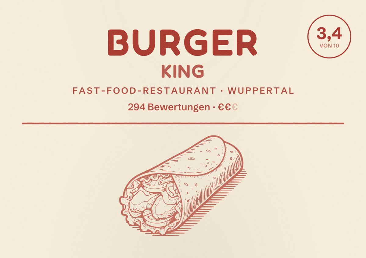Illustriertes Poster von Burger King, Fast-Food-Restaurant in Wuppertal: Bewertung 3,4 von 10 aus 294 Bewertungen, Preisniveau €€