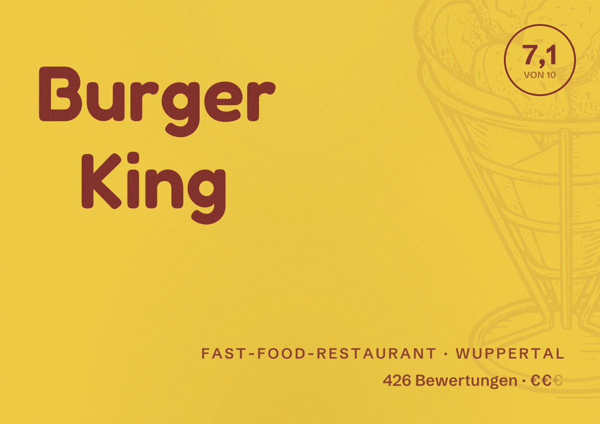 Illustriertes Poster von Burger King, Fast-Food-Restaurant in Wuppertal: Bewertung 7,1 von 10 aus 426 Bewertungen, Preisniveau €€