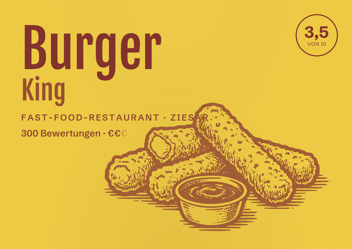 Illustriertes Poster von Burger King, Fast-Food-Restaurant in Ziesar: Bewertung 3,5 von 10 aus 300 Bewertungen, Preisniveau €€