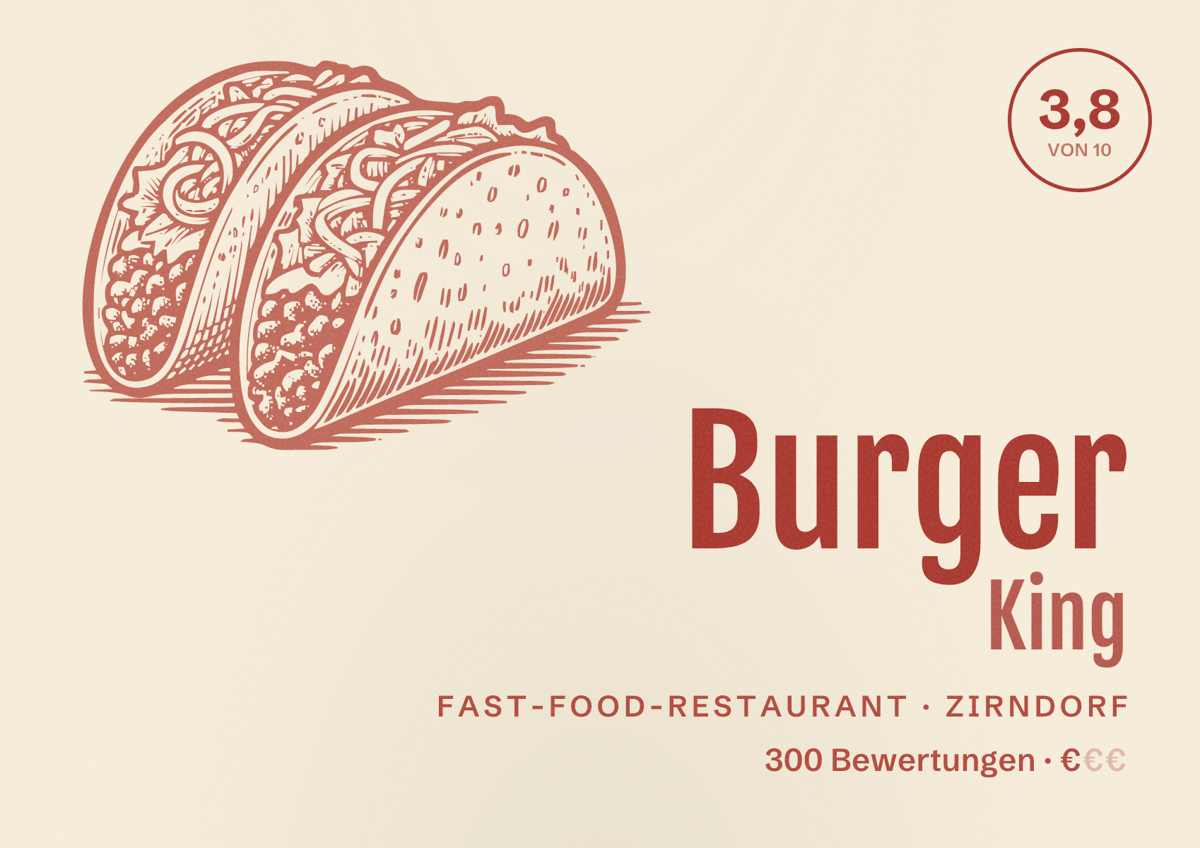 Illustriertes Poster von Burger King, Fast-Food-Restaurant in Zirndorf: Bewertung 3,8 von 10 aus 300 Bewertungen, Preisniveau €
