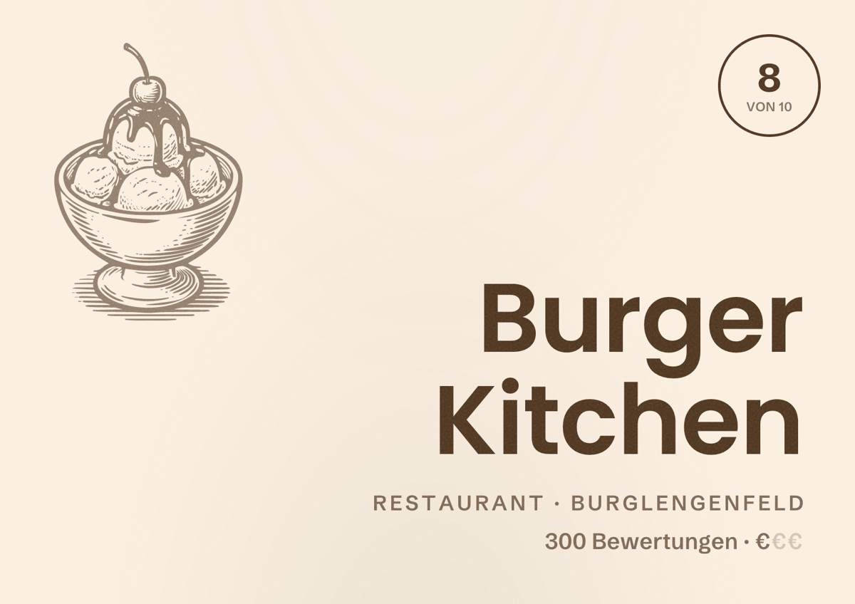 Illustriertes Poster von Burger Kitchen, Restaurant in Burglengenfeld: Bewertung 8 von 10 aus 300 Bewertungen, Preisniveau €