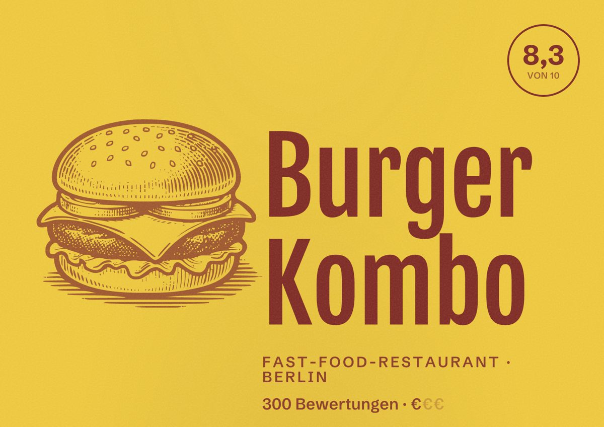 Illustriertes Poster von Burger Kombo, Fast-Food-Restaurant in Berlin: Bewertung 8,3 von 10 aus 300 Bewertungen, Preisniveau €