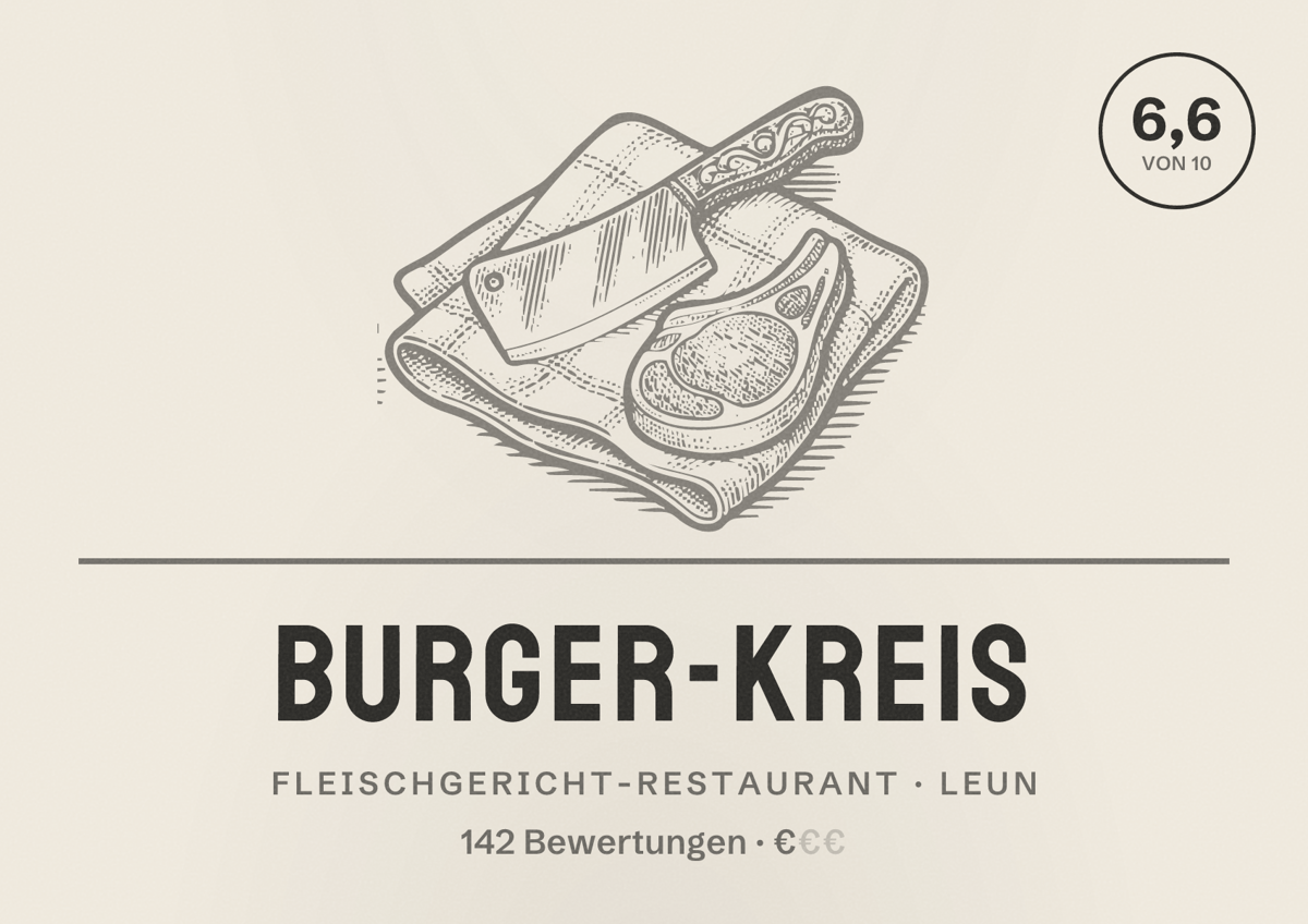 Illustriertes Poster von Burger-Kreis, Fleischgericht-Restaurant in Leun: Bewertung 6,6 von 10 aus 142 Bewertungen, Preisniveau €