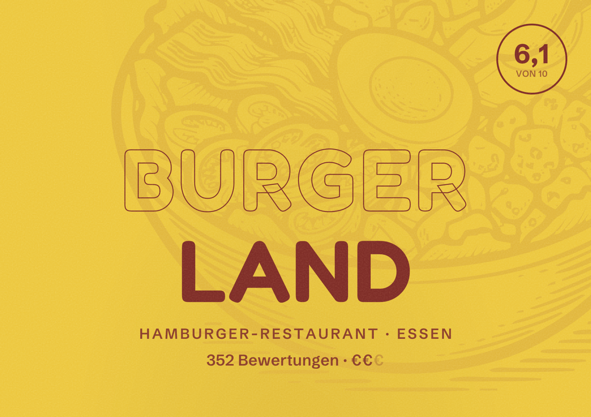 Illustriertes Poster von Burger Land, Hamburger-Restaurant in Essen: Bewertung 6,1 von 10 aus 352 Bewertungen, Preisniveau €€