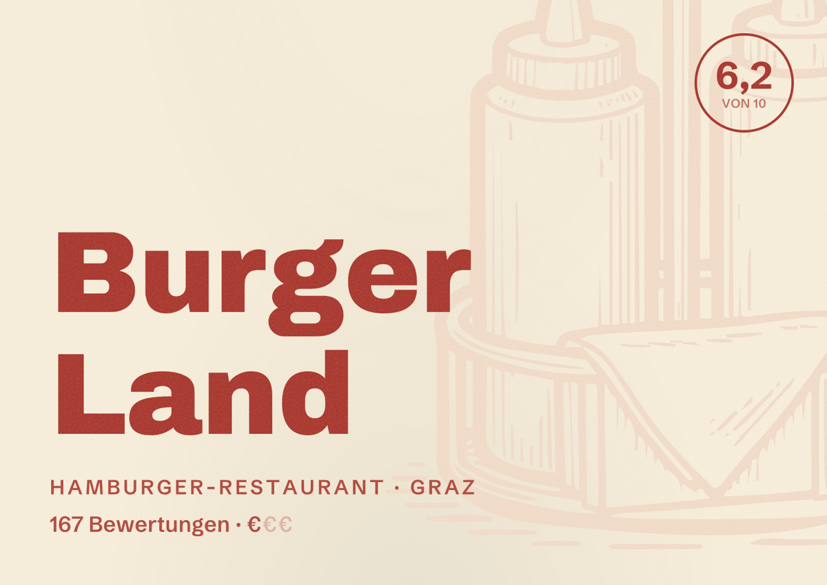 Illustriertes Poster von Burger Land, Hamburger-Restaurant in Graz: Bewertung 6,2 von 10 aus 167 Bewertungen, Preisniveau €