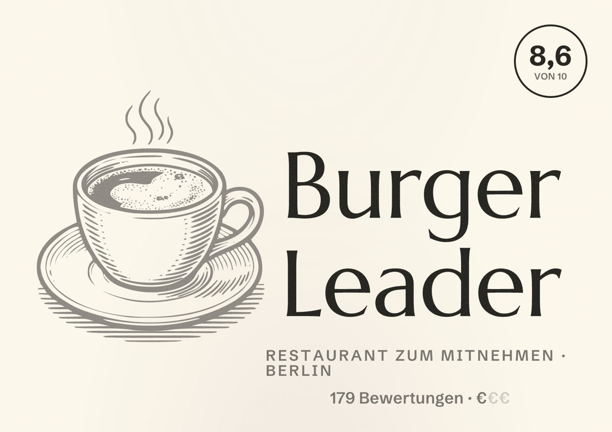 Illustriertes Poster von Burger Leader, Restaurant zum Mitnehmen in Berlin: Bewertung 8,6 von 10 aus 179 Bewertungen, Preisniveau €