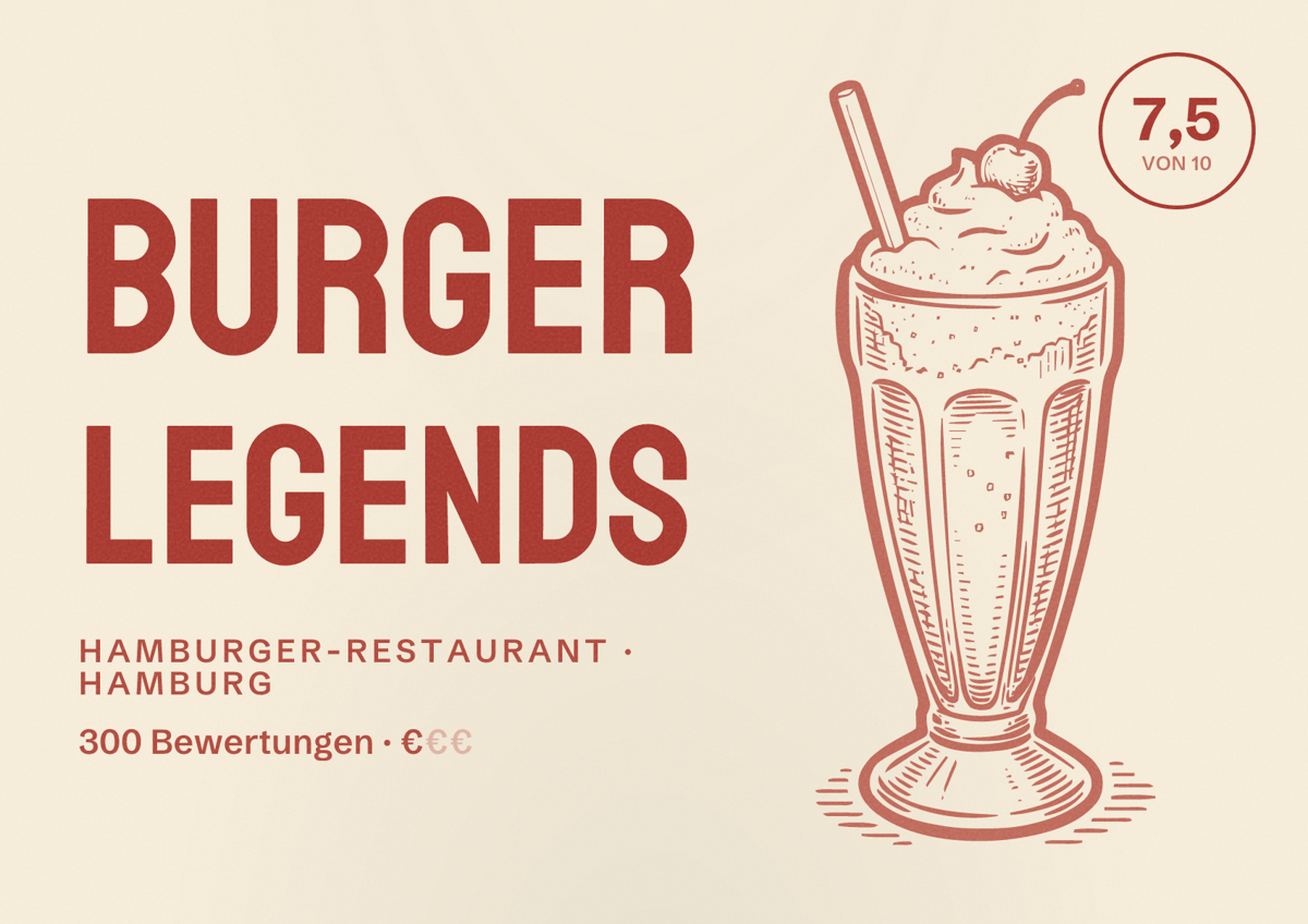 Illustriertes Poster von Burger Legends, Hamburger-Restaurant in Hamburg: Bewertung 7,5 von 10 aus 300 Bewertungen, Preisniveau €