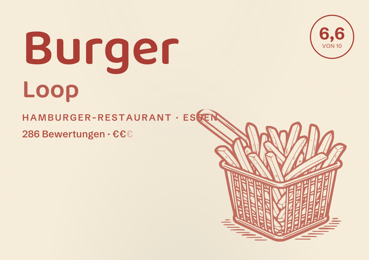 Illustriertes Poster von Burger Loop, Hamburger-Restaurant in Essen: Bewertung 6,6 von 10 aus 286 Bewertungen, Preisniveau €€