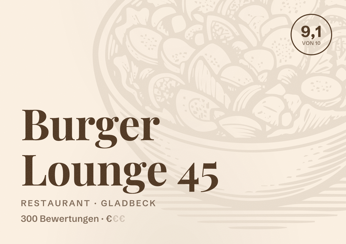 Illustriertes Poster von Burger Lounge 45, Restaurant in Gladbeck: Bewertung 9,1 von 10 aus 300 Bewertungen, Preisniveau €