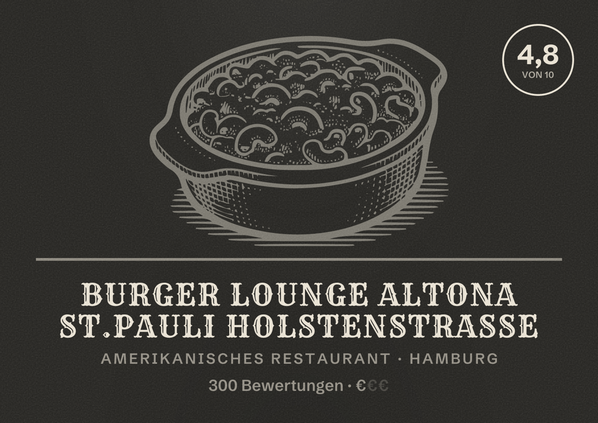 Illustriertes Poster von Burger Lounge Altona St.Pauli Holstenstraße, Amerikanisches Restaurant in Hamburg: Bewertung 4,8 von 10 aus 300 Bewertungen, Preisniveau €