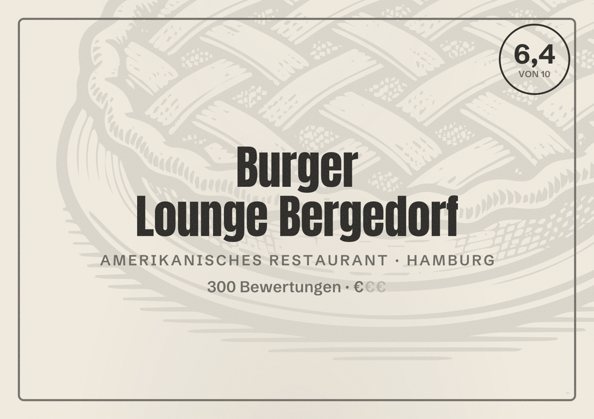 Illustriertes Poster von Burger Lounge Bergedorf, Amerikanisches Restaurant in Hamburg: Bewertung 6,4 von 10 aus 300 Bewertungen, Preisniveau €