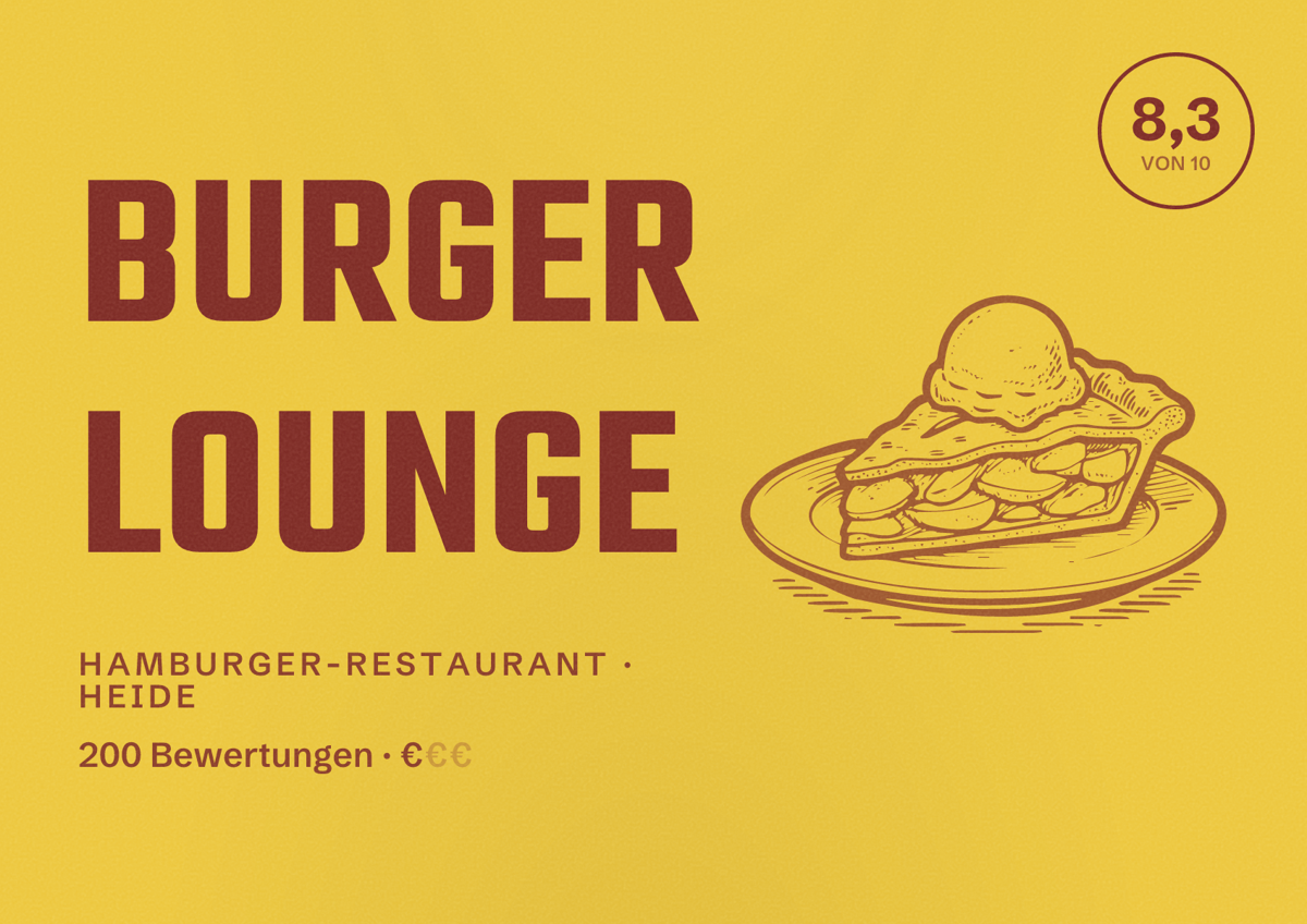 Illustriertes Poster von BURGER LOUNGE, Hamburger-Restaurant in Heide: Bewertung 8,3 von 10 aus 200 Bewertungen, Preisniveau €