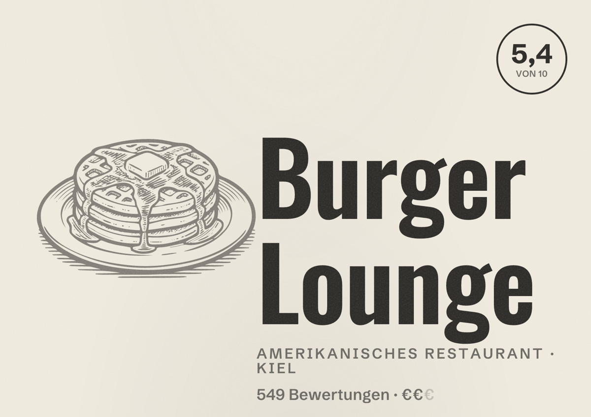 Illustriertes Poster von Burger Lounge, Amerikanisches Restaurant in Kiel: Bewertung 5,4 von 10 aus 549 Bewertungen, Preisniveau €€