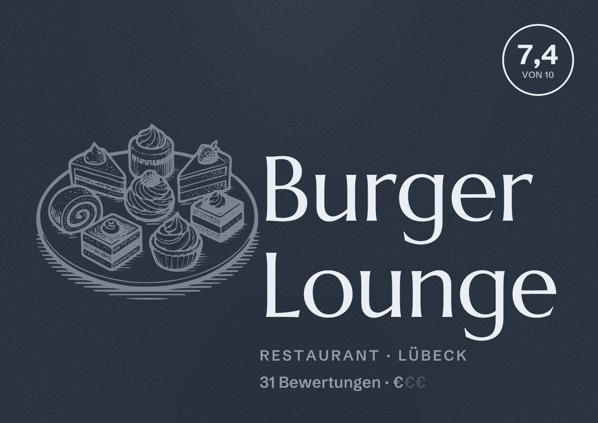 Illustriertes Poster von Burger Lounge, Restaurant in Lübeck: Bewertung 7,4 von 10 aus 31 Bewertungen, Preisniveau €