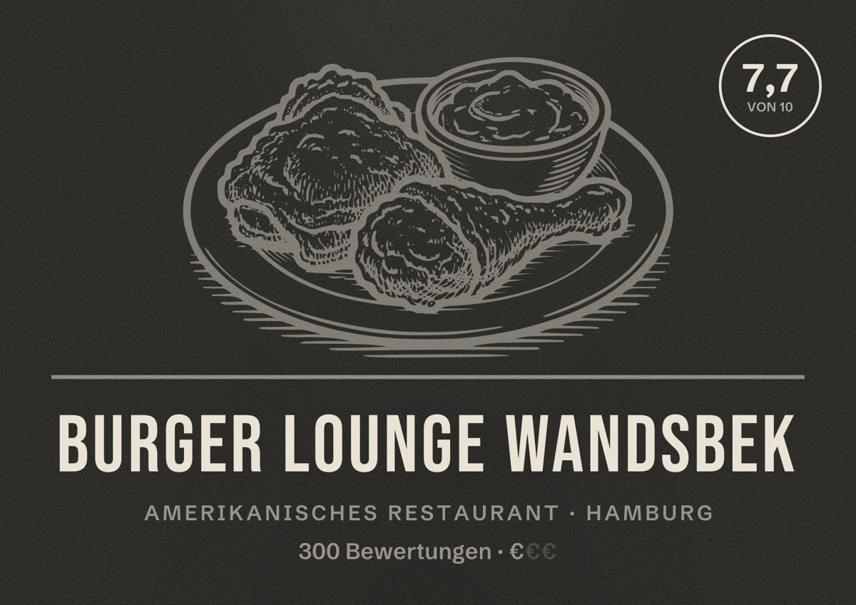 Illustriertes Poster von Burger Lounge Wandsbek, Amerikanisches Restaurant in Hamburg: Bewertung 7,7 von 10 aus 300 Bewertungen, Preisniveau €