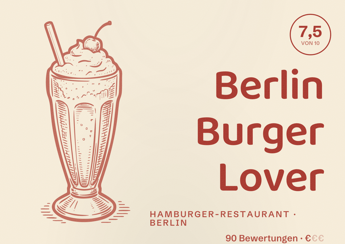 Illustriertes Poster von Berlin Burger Lover, Hamburger-Restaurant in Berlin: Bewertung 7,5 von 10 aus 90 Bewertungen, Preisniveau €