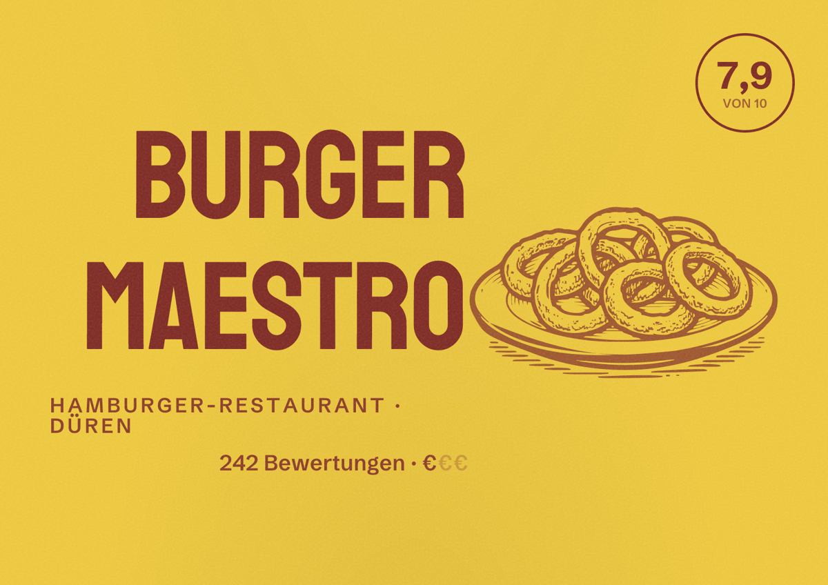 Illustriertes Poster von Burger Maestro, Hamburger-Restaurant in Düren: Bewertung 7,9 von 10 aus 242 Bewertungen, Preisniveau €