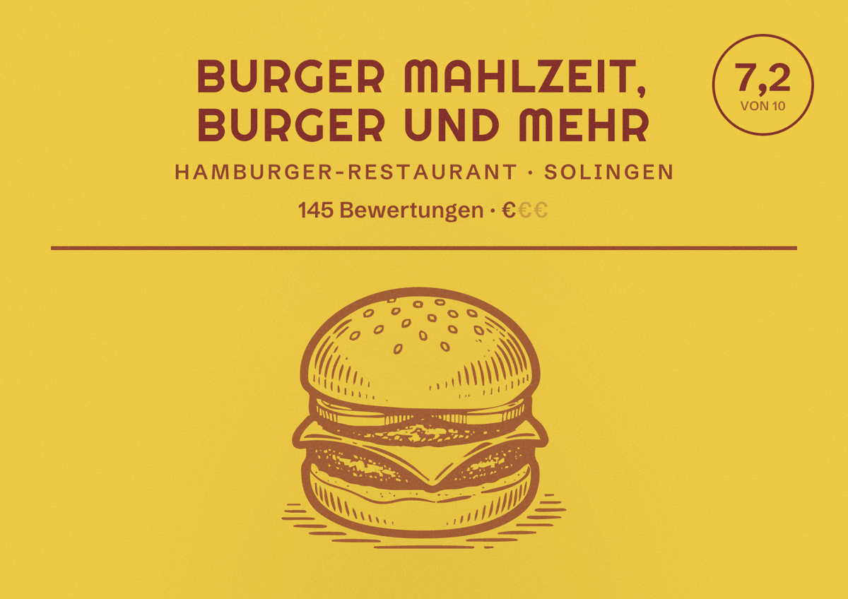 Illustriertes Poster von Burger Mahlzeit, Burger und mehr, Hamburger-Restaurant in Solingen: Bewertung 7,2 von 10 aus 145 Bewertungen, Preisniveau €
