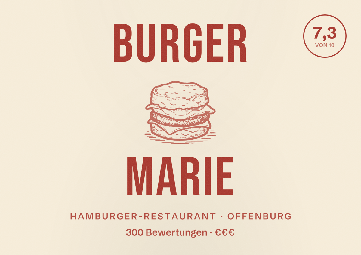 Illustriertes Poster von Burger Marie, Hamburger-Restaurant in Offenburg: Bewertung 7,3 von 10 aus 300 Bewertungen, Preisniveau €€€