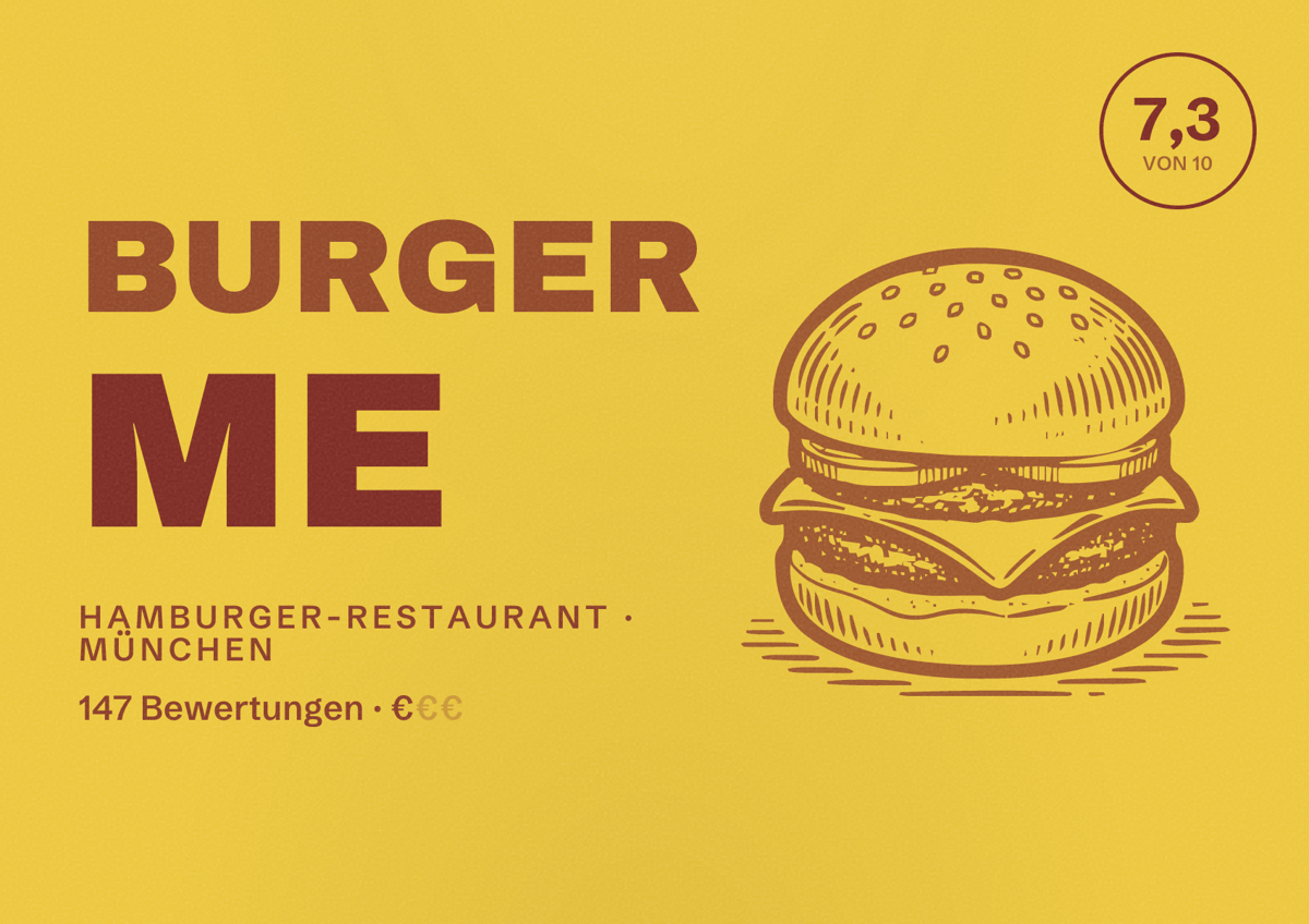 Illustriertes Poster von Burger Me, Hamburger-Restaurant in München: Bewertung 7,3 von 10 aus 147 Bewertungen, Preisniveau €