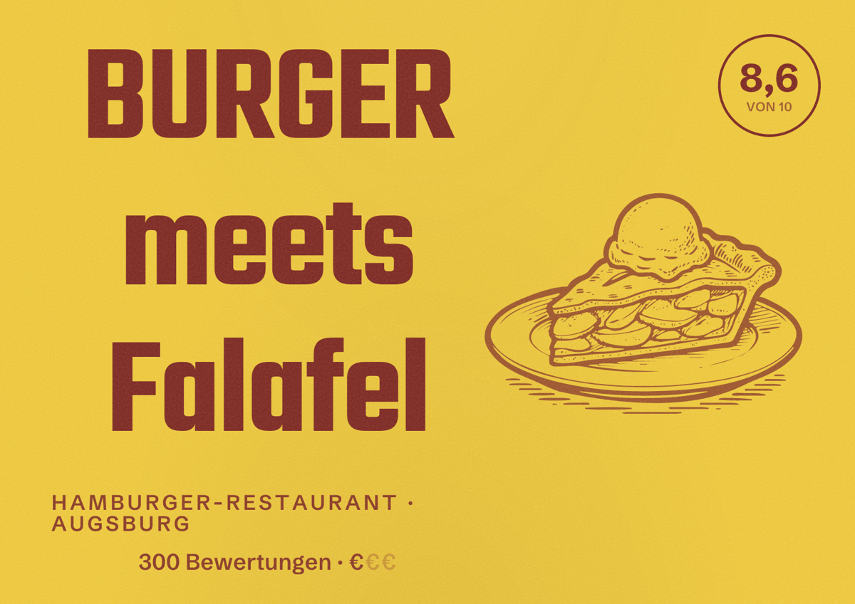 Illustriertes Poster von BURGER meets Falafel, Hamburger-Restaurant in Augsburg: Bewertung 8,6 von 10 aus 300 Bewertungen, Preisniveau €