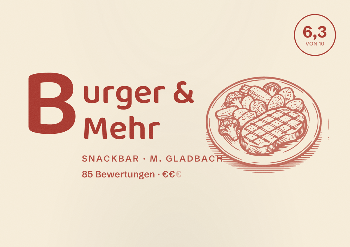 Illustriertes Poster von Burger & Mehr, Snackbar in M. Gladbach: Bewertung 6,3 von 10 aus 85 Bewertungen, Preisniveau €€