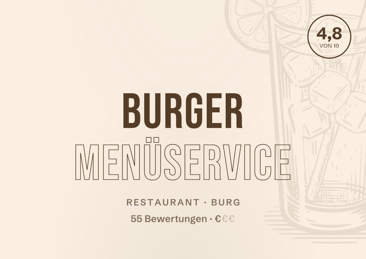 Illustriertes Poster von Burger Menüservice, Restaurant in Burg: Bewertung 4,8 von 10 aus 55 Bewertungen, Preisniveau €